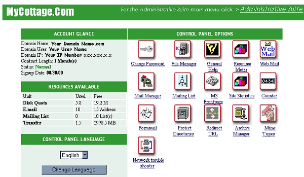 Sample Screen Shot of Level 1 Web Hosting Control Panel